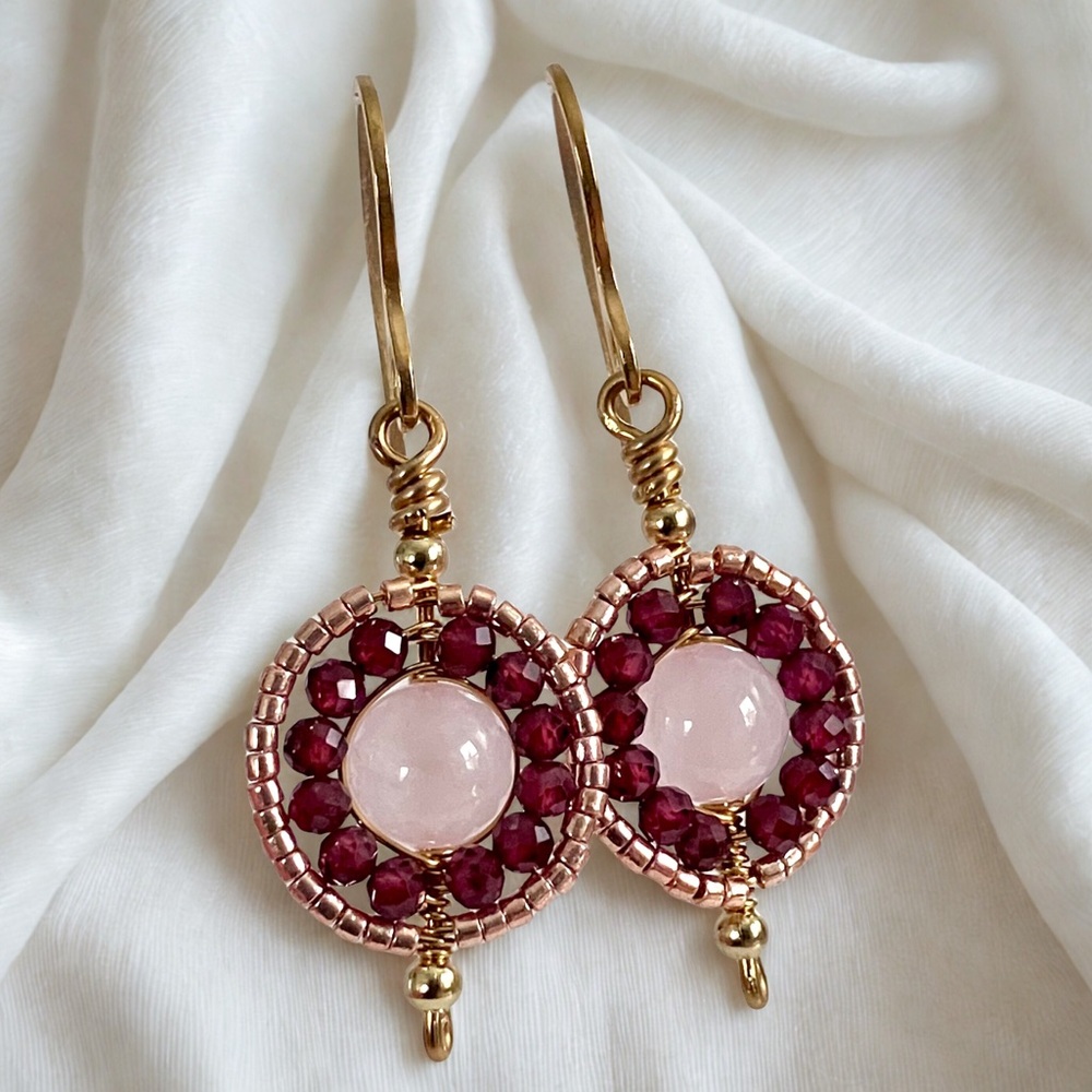 Handmade Natural Rose Quartz & Garnet Earrings Wire Wrapped, Stainless Hooks
